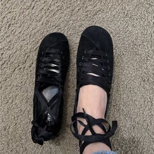 Newport News Black Lace-Up Ballet Flats with Ribbon Ties new